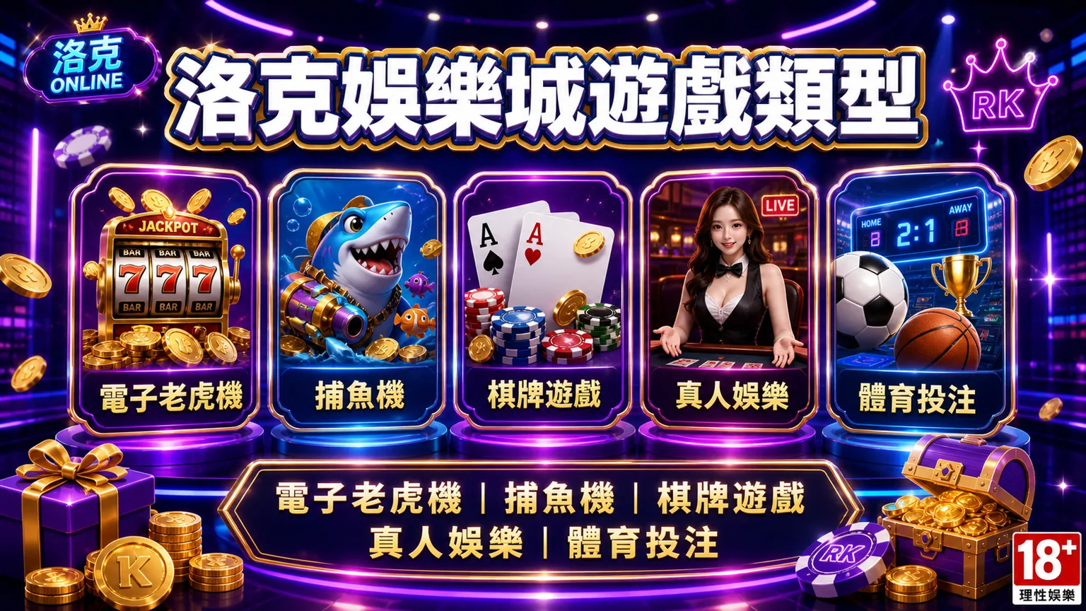 洛克娛樂城遊戲類型，電子老虎機、捕魚機、棋牌遊戲、真人娛樂與體育投注