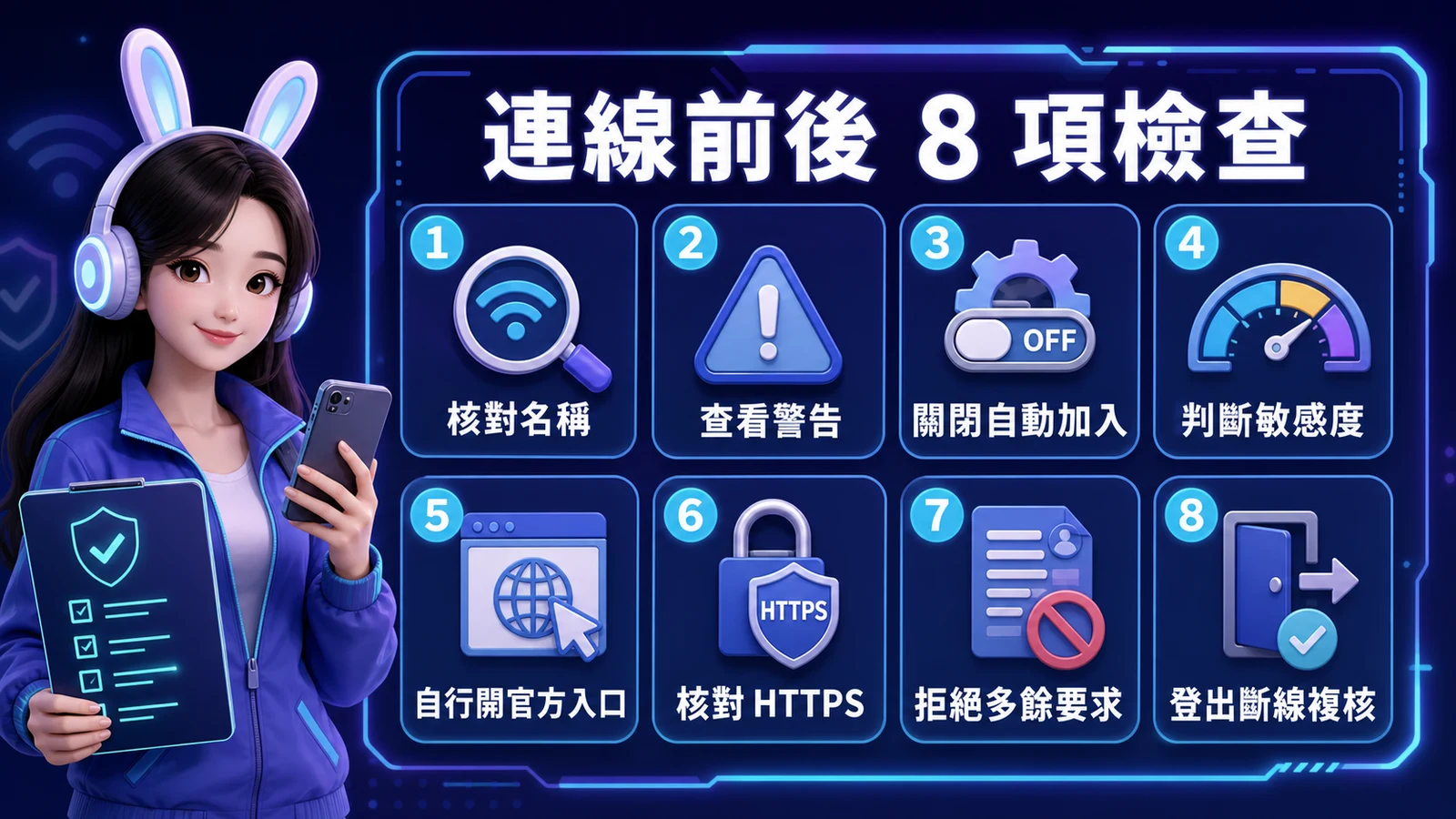 公共 Wi-Fi 八項檢查包含名稱核對、警告判讀、官方入口與斷線複核