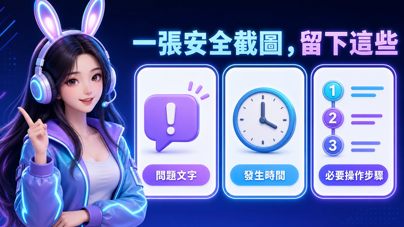 一張安全客服截圖保留問題文字、發生時間與必要操作步驟