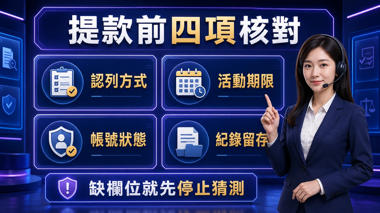 提款前核對認列方式、活動期限、帳號狀態與紀錄留存四個欄位